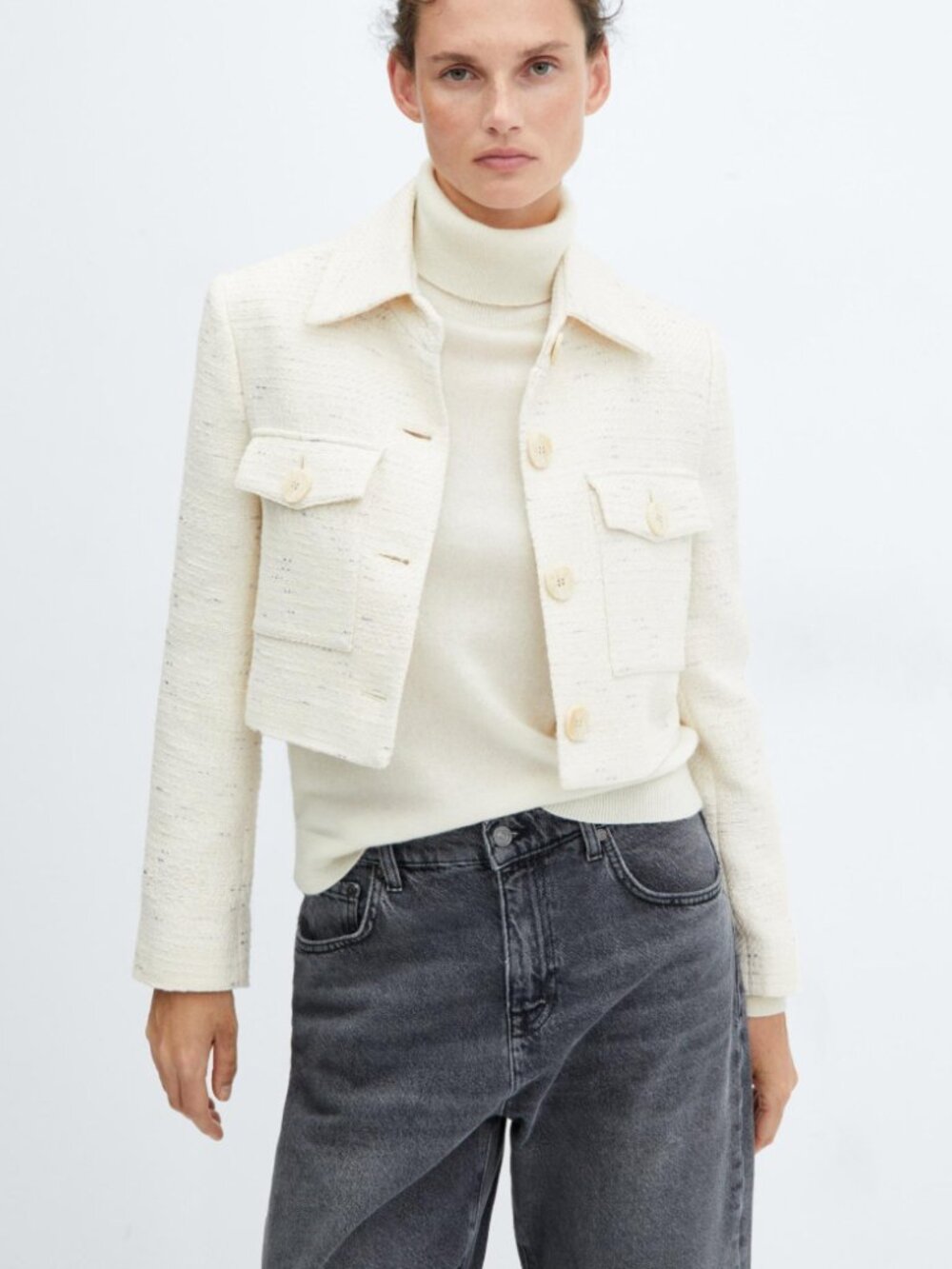 Mango Cropped Tweed Jacket Size S Ecru Cream
